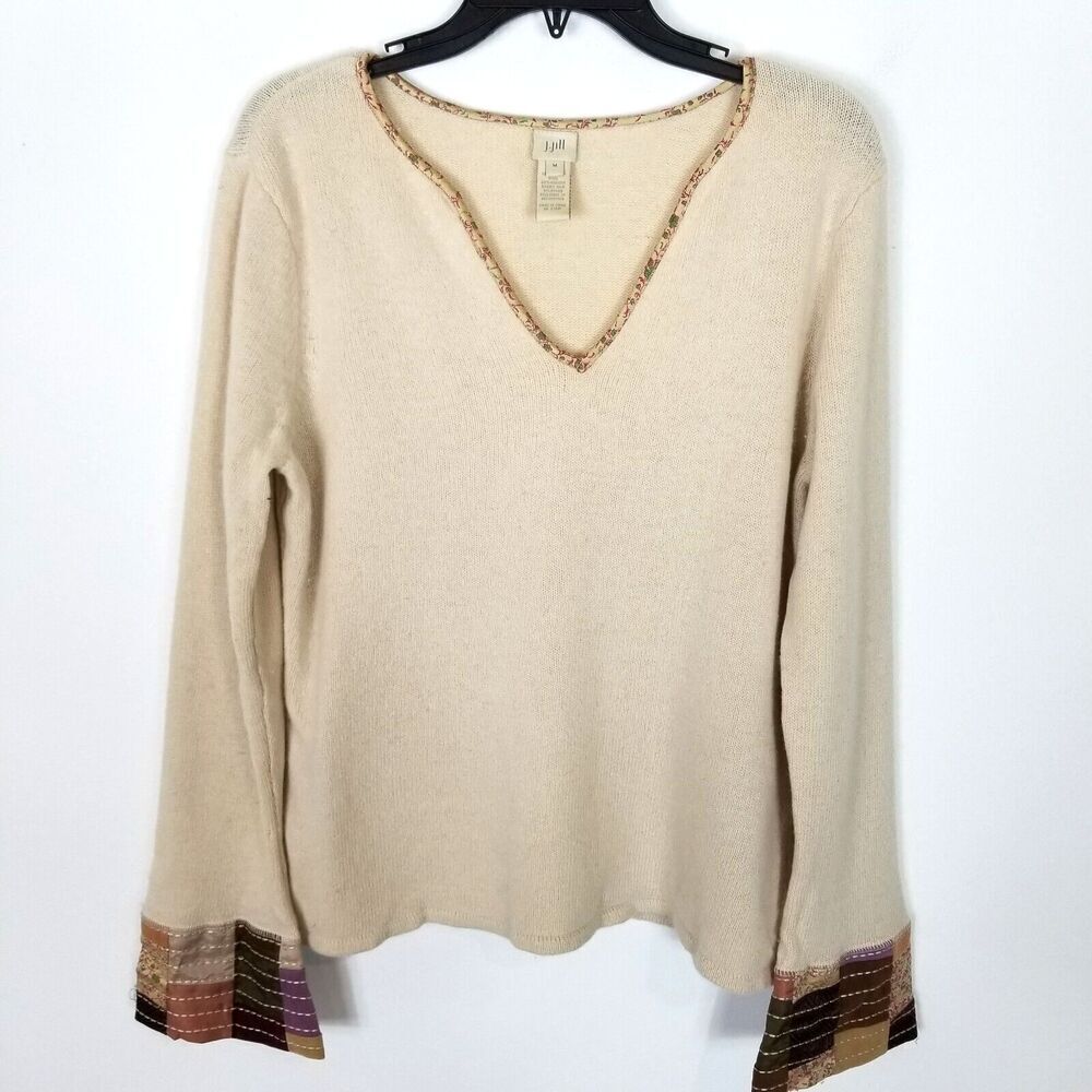 J. Jill Womens Wool Blend Sweater Pullover Sz M Ivory  V Neck Patchwork‎ Sleeves